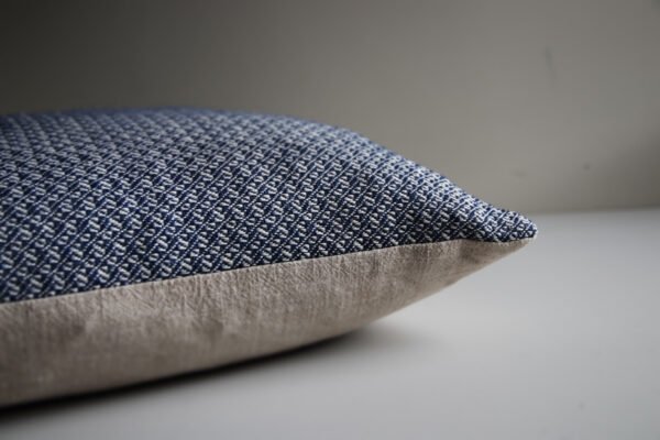 wool and cotton cushion in river blue closeup details of pretty handwoven design
