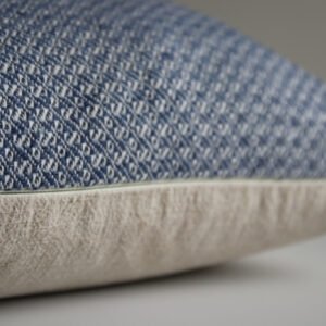 wool and cotton cushion in river blue closeup of YKK zip and handwoven details