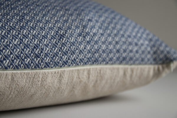wool and cotton cushion in river blue closeup of YKK zip and handwoven details